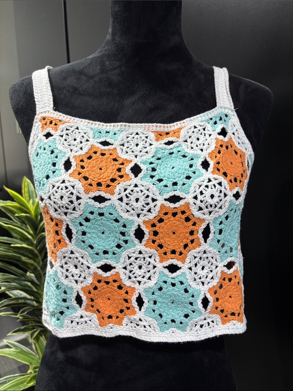 WoWo Crocheted geometric granny square pattern,thin straps crop,trendy,everyday
